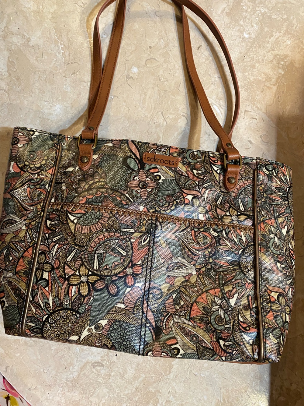 Sakroots Multicolor Floral Paisley Tote with Tan Handles